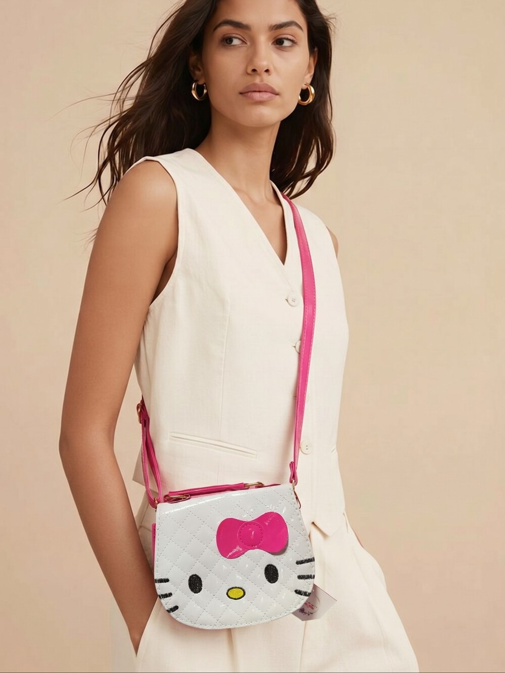 Hello Kitty White Patent Crossbody Bag Pink Handles Black Embroidery Sanrio Y2K